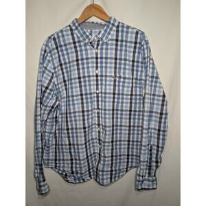 Lacoste Mens Checked Regular Fit Button Down Shirt Size 46 XL Cotton Blue White